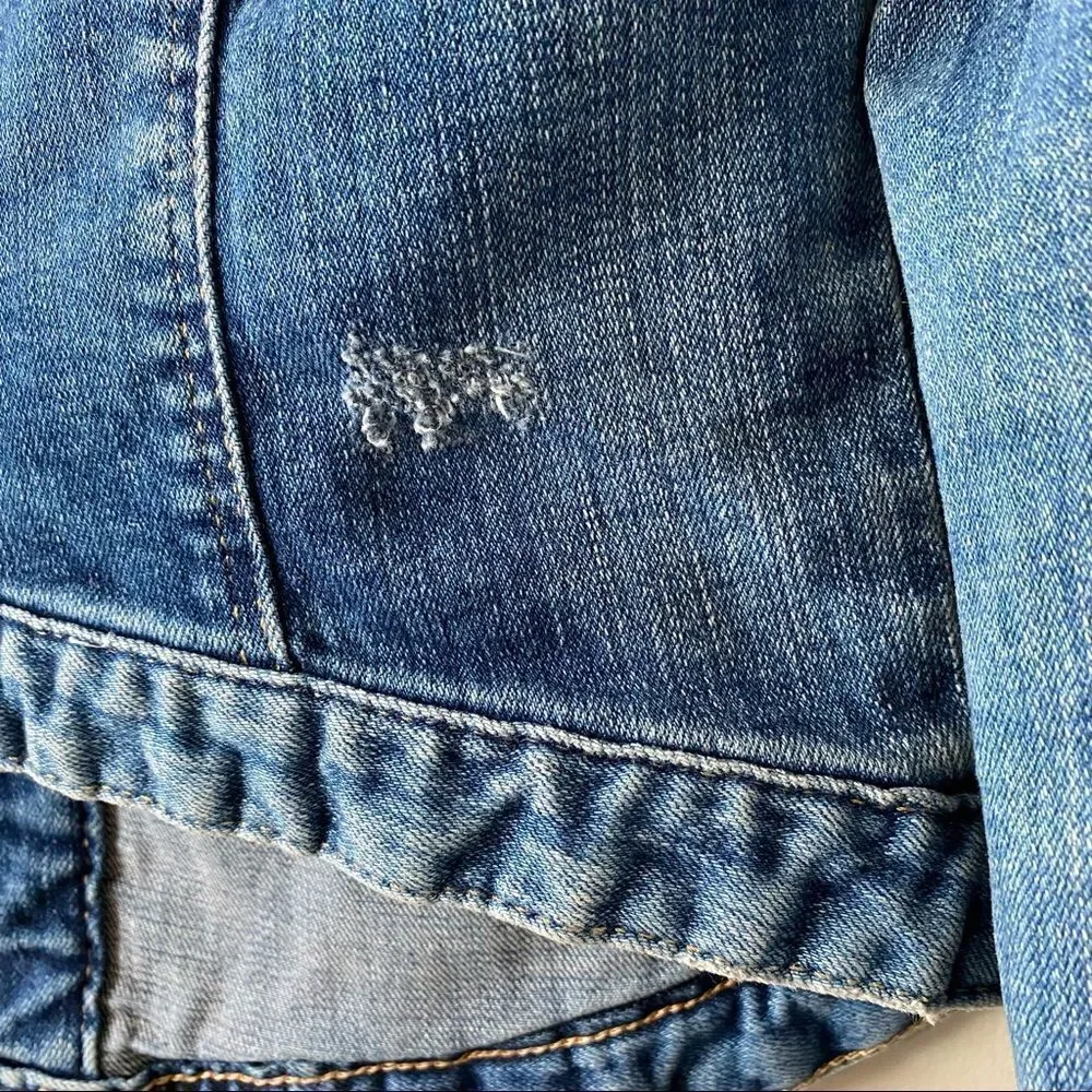 ZARA-FITTED Denim Mid Wash Distressed Jacket - Picture 10 of 13